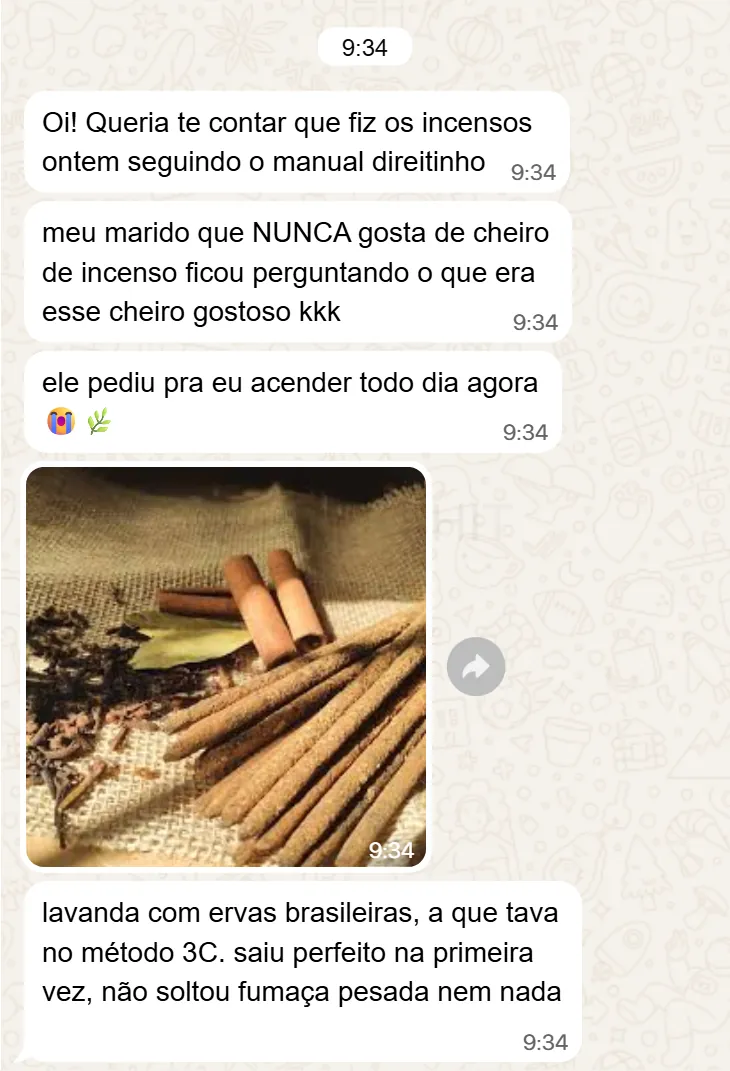 Depoimento de aluna no WhatsApp sobre incensos feitos com o manual