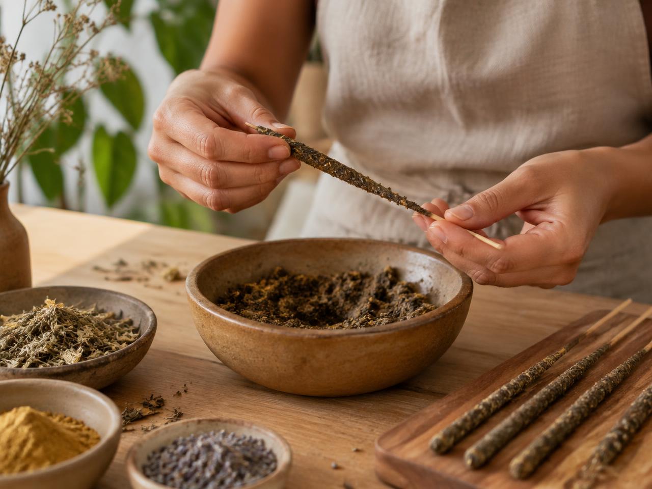 Artesã modelando manualmente incenso natural em vareta